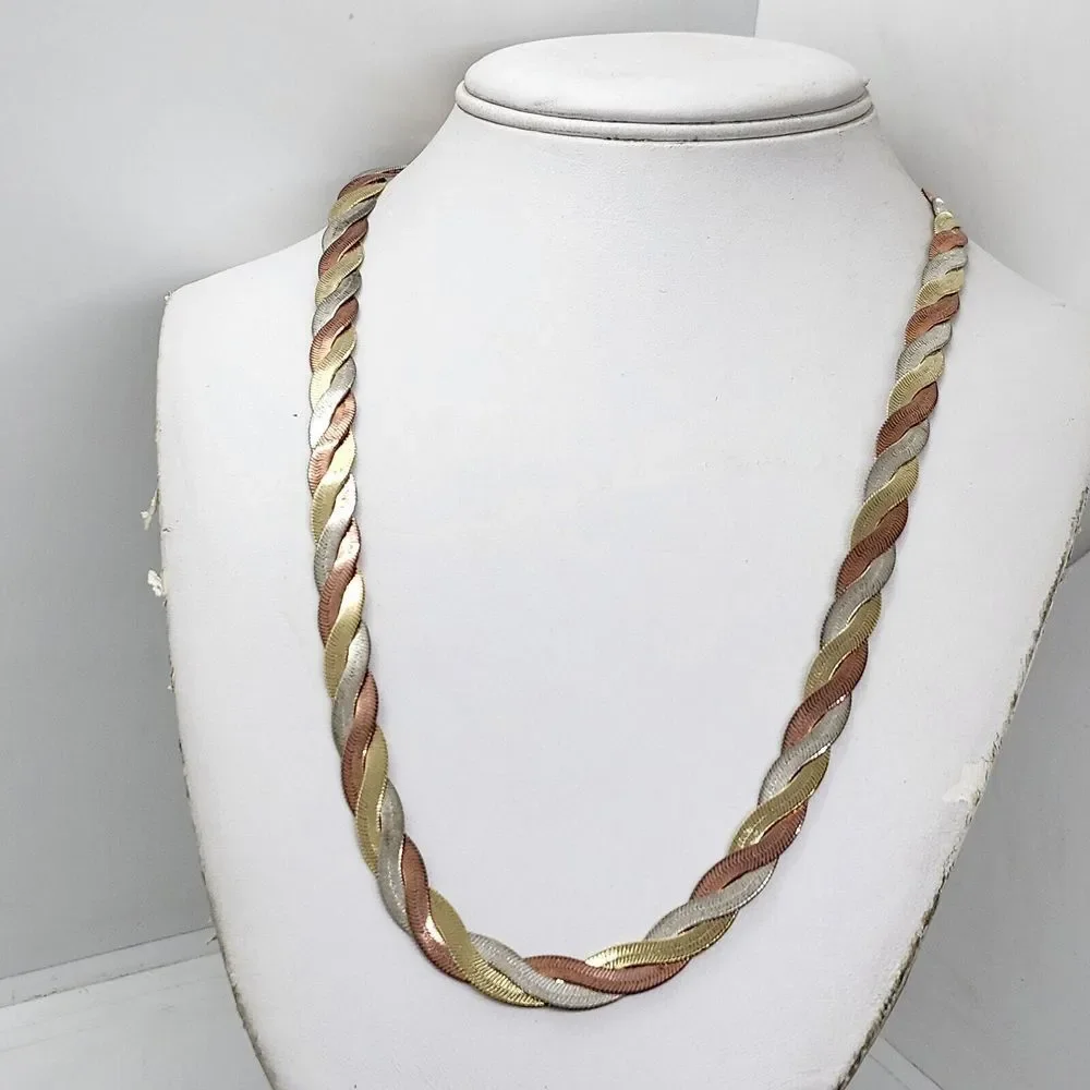 Vintage Korea Three Tone Herring Bone‎ Chain Necklace